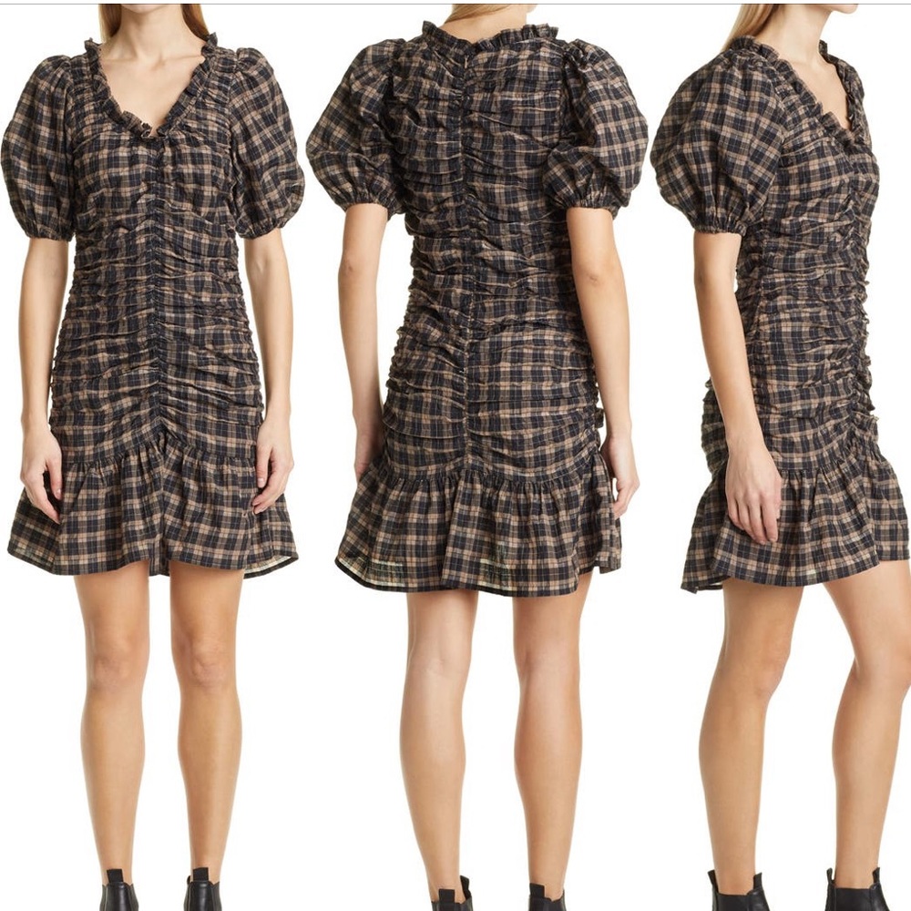 Ganni Seersucker Check Puff Sleeve Dress - 6 US / 38 EU